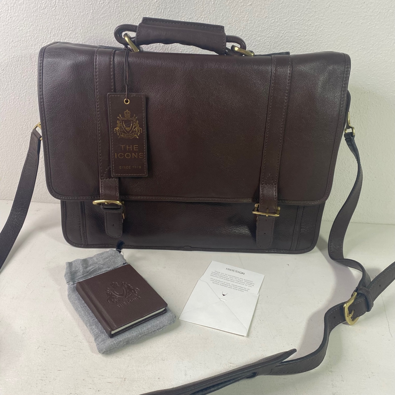 Hidesign The Icons Brown Leather Messenger Briefcase Laptop Bag Brass Hardware